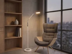 Kleine LED Stehlampe SANDOR Leselampe dimmbar aus Metall Weiß & Chrom Höhe 130cm