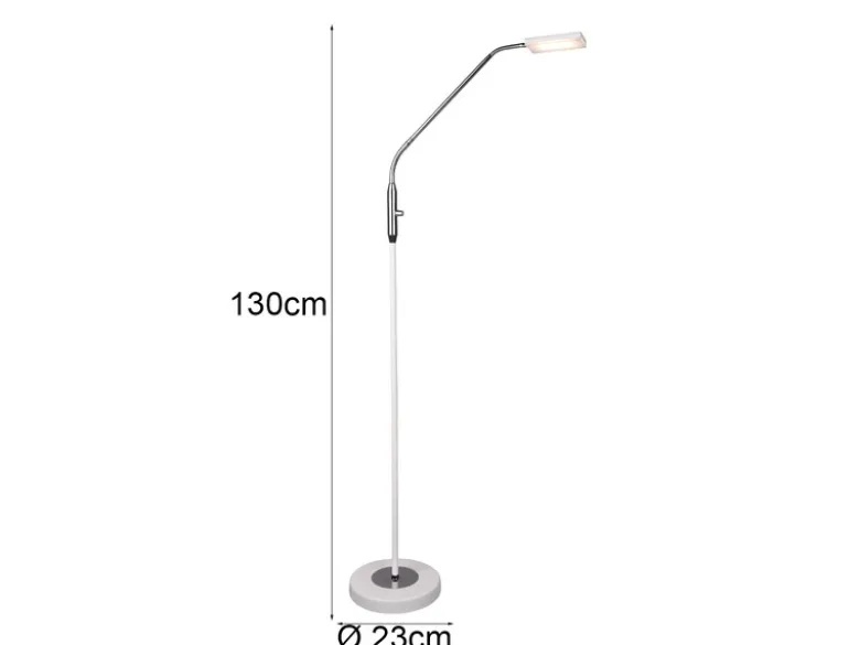 Kleine LED Stehlampe SANDOR Leselampe dimmbar aus Metall Weiß & Chrom Höhe 130cm