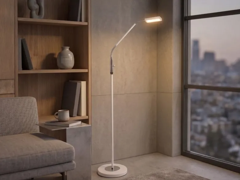 Kleine LED Stehlampe SANDOR Leselampe dimmbar aus Metall Weiß & Chrom Höhe 130cm