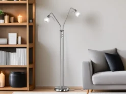 Kleine LED Stehleuchte, 2 Flexarm Leselampen, Silber mit Glasschirm, Höhe 125cm