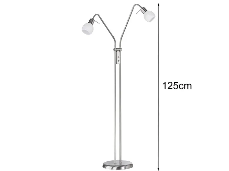 Kleine LED Stehleuchte, 2 Flexarm Leselampen, Silber mit Glasschirm, Höhe 125cm
