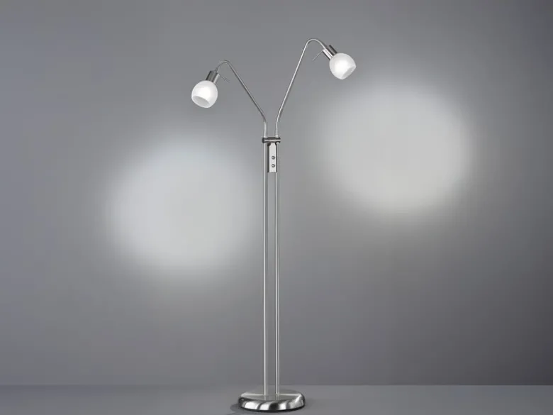 Kleine LED Stehleuchte, 2 Flexarm Leselampen, Silber mit Glasschirm, Höhe 125cm