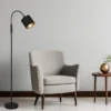 Kleine LED Stehleuchte mit Flexarm und Stoffschirm Schwarz Gold, Höhe 130cm