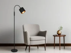 Kleine LED Stehleuchte mit Flexarm und Stoffschirm Schwarz Gold, Höhe 130cm