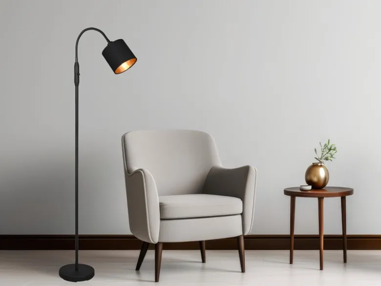 Kleine LED Stehleuchte mit Flexarm und Stoffschirm Schwarz Gold, Höhe 130cm