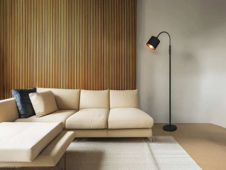 Kleine LED Stehleuchte mit Flexarm und Stoffschirm Schwarz Gold, Höhe 130cm