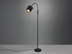 Kleine LED Stehleuchte mit Flexarm und Stoffschirm Schwarz Gold, Höhe 130cm