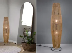 Kleine LED Stehleuchte mit Papier Lampenschirm im Boho Stil, Höhe 103cm