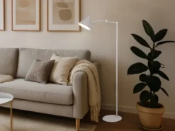Kleine LED Stehleuchte mit Schwenkarm aus Metall Hellgrau, Höhe 126,5cm