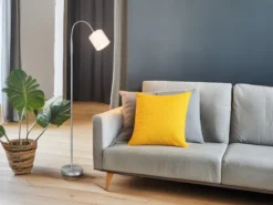 Kleine LED Stehleuchte Silber mit Flexarm und Stoffschirm Weiß, Höhe 130cm