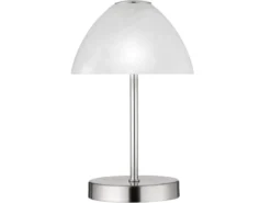 Kleine LED Tischlampe QUEEN dimmbar, Silber mit Glasschirm Weiß, Höhe 24cm