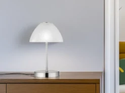 Kleine LED Tischlampe QUEEN dimmbar, Silber mit Glasschirm Weiß, Höhe 24cm
