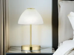 Kleine LED Tischlampe QUEEN dimmbar, Messing mit Glasschirm Weiß, Höhe 24cm