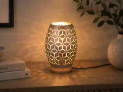 Kleine LED Tischleuchte in Coffee mit ausgefallenem Stanzmuster, H: 21cm