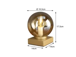 Kleine LED Tischleuchte Messing Sockel - Glaskugel Amber, Höhe 17,5cm