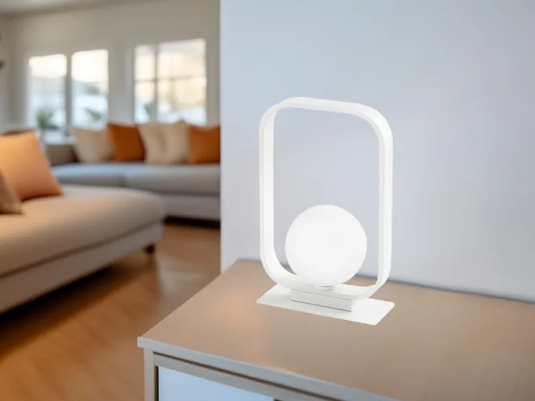 Kleine LED Tischleuchte Metall mit Glaskugel Opalweiß, Höhe 26cm