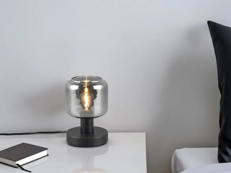 Kleine LED Tischleuchte mit Glasschirm Chrom bedampft, Höhe 18cm