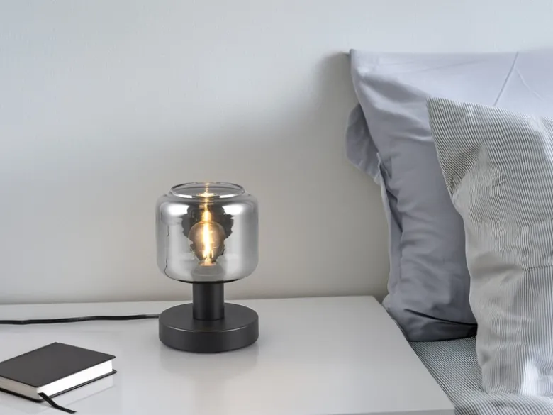 Kleine LED Tischleuchte mit Glasschirm Chrom bedampft, Höhe 18cm