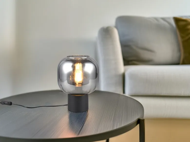 Kleine LED Tischleuchte mit Glasschirm Chrom bedampft, Höhe 26cm