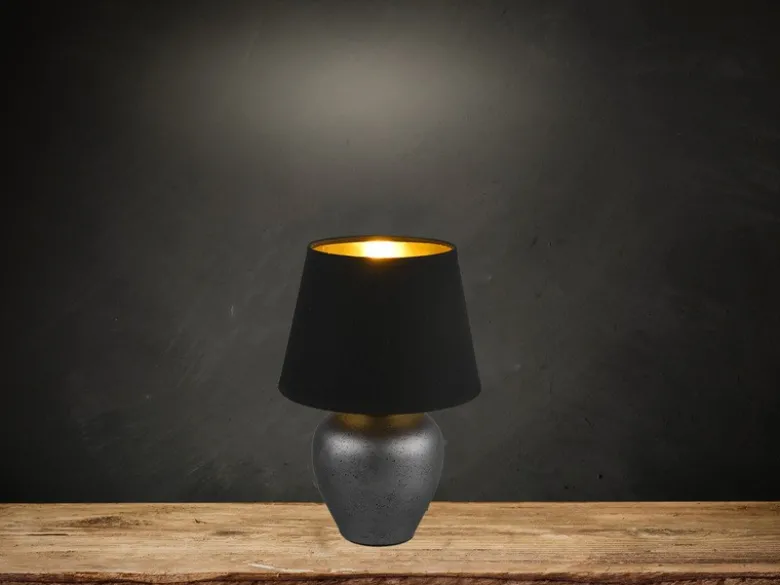 Kleine LED Tischleuchte mit Keramikfuß & Stoffschirm Schwarz Gold, Höhe 26cm