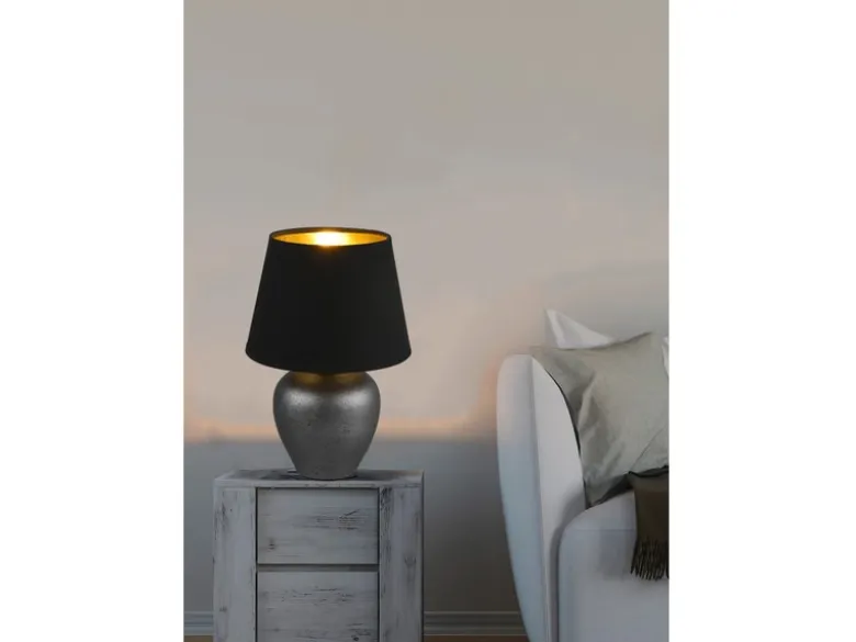 Kleine LED Tischleuchte mit Keramikfuß & Stoffschirm Schwarz Gold, Höhe 26cm
