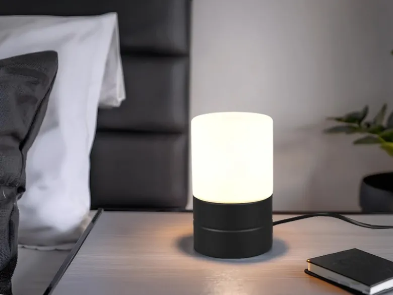 Kleine LED Tischleuchte per touch dimmbar, Schwarz mit Glasschirm, Höhe 15cm