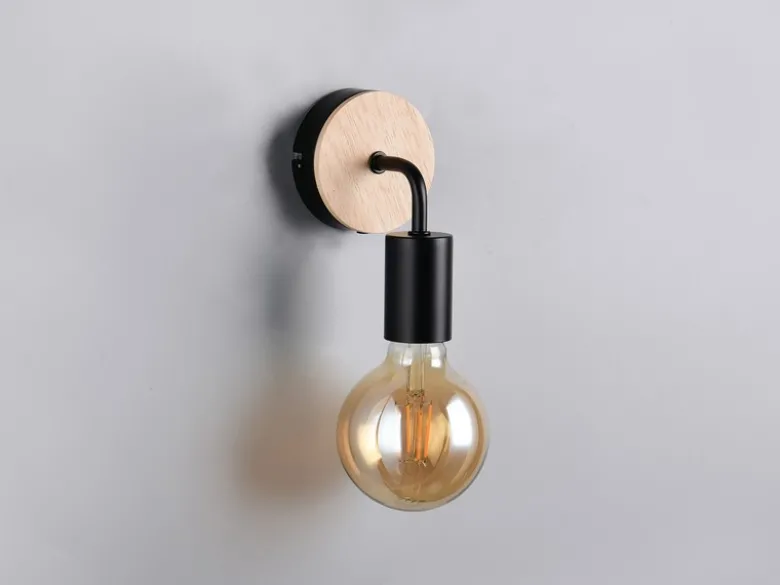 Kleine LED Wandleuchte Metall in Schwarz mit Holz, Höhe 15,5cm