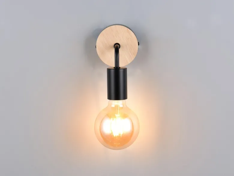 Kleine LED Wandleuchte Metall in Schwarz mit Holz, Höhe 15,5cm