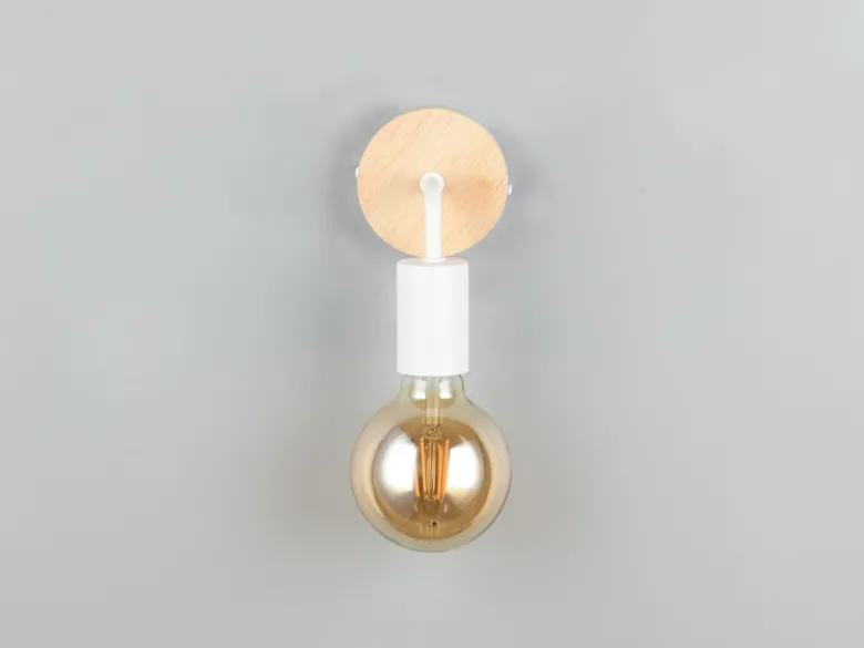 Kleine LED Wandleuchte Metall in Weiß mit Holz, Höhe 15,5cm