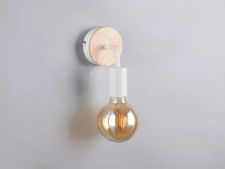 Kleine LED Wandleuchte Metall in Weiß mit Holz, Höhe 15,5cm