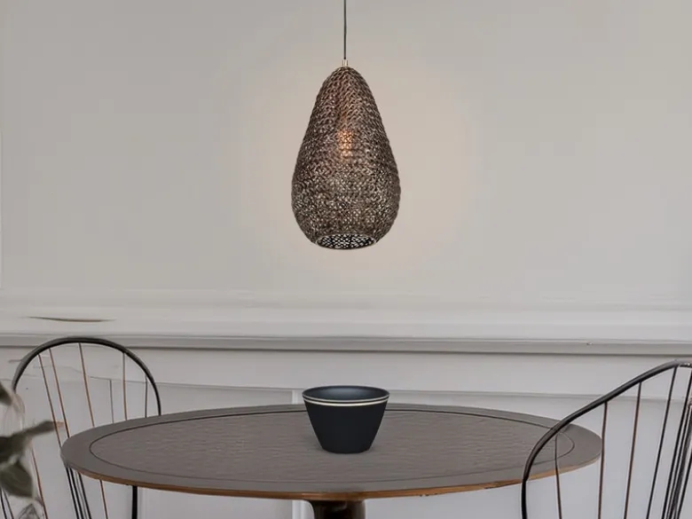 Kleine Orientalische LED Pendelleuchte aus Metallgeflecht in Altmessing, Ø 23cm
