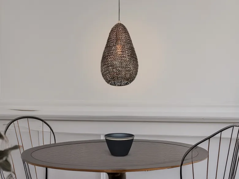 Kleine Orientalische Pendelleuchte ZIVA aus Metallgeflecht in Altmessing, Ø 23cm