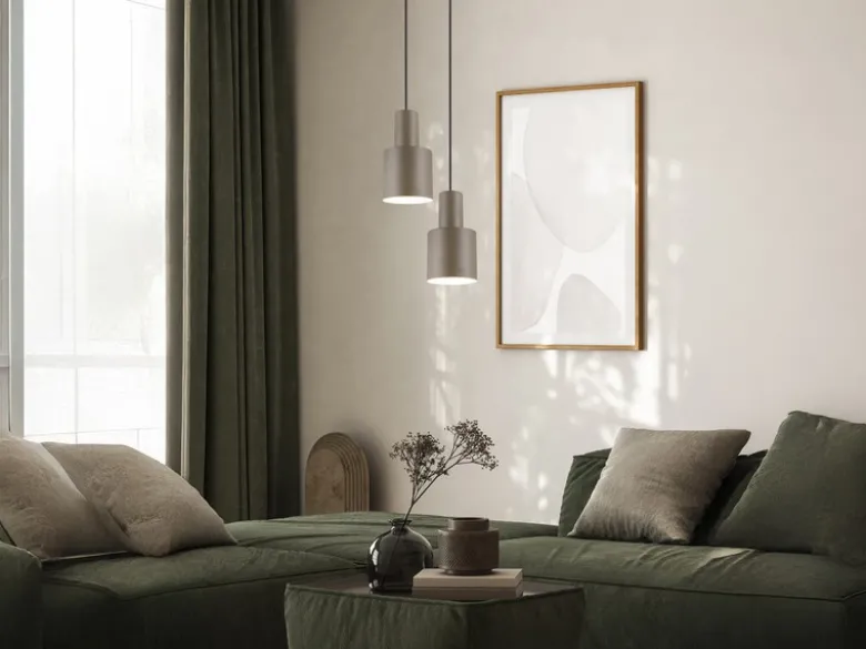 Kleine Pendelleuchte AGUDO mit Metall Lampenschirm Taupe, Ø 12cm
