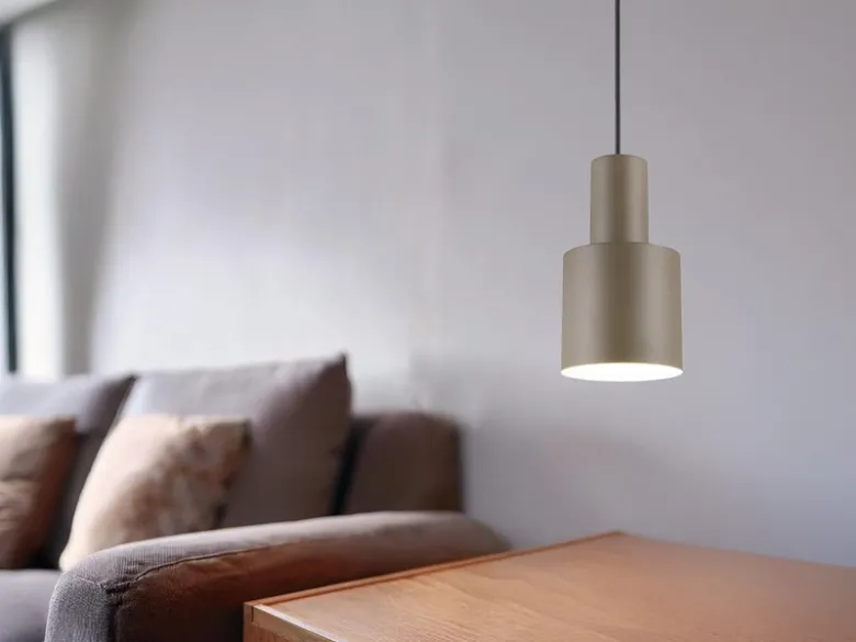 Kleine Pendelleuchte AGUDO mit Metall Lampenschirm Taupe, Ø 12cm