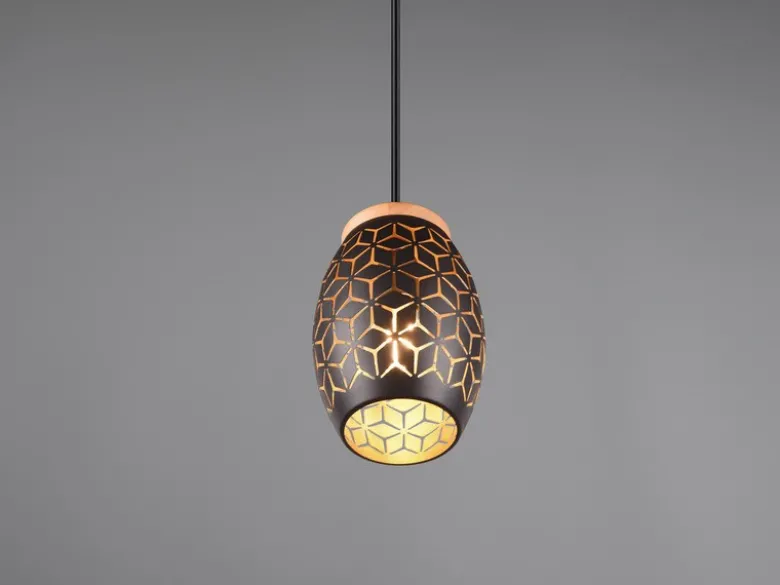 Kleine Pendelleuchte BIDAR in Schwarz/Gold mit ausgefallenem Stanzmuster, Ø 15cm