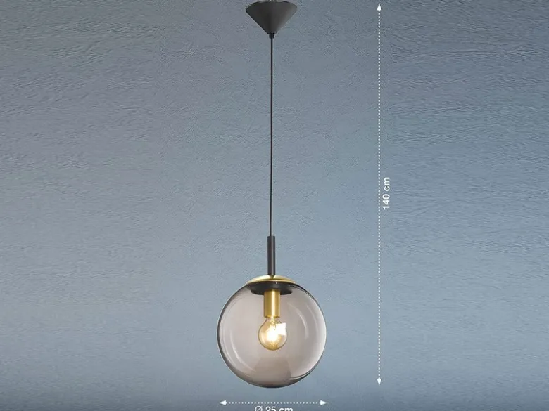 Kleine Pendelleuchte DINI 1-flammig mit Glaskugel aus Rauchglas, Ø 25cm