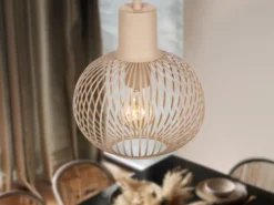 Kleine Pendelleuchte GILA mit Gitter Lampenschirm Beige, Ø 23cm