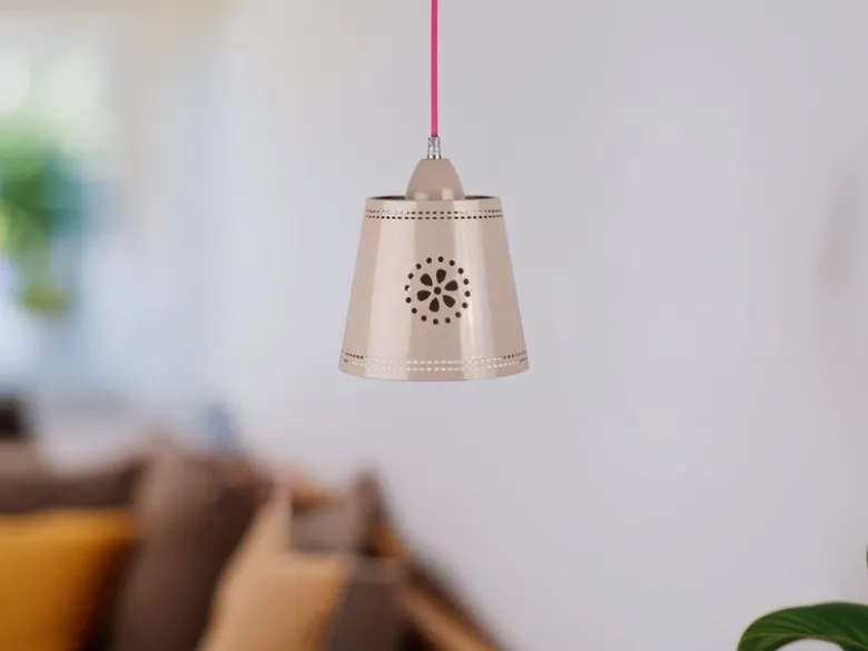 Kleine Pendelleuchte im Landhausstil, Lampenschirm Metall Beige Ø 17,5cm