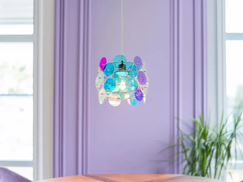 Kleine Pendelleuchte IRIDE aus irisierendem Kunststoff, Ø 25cm