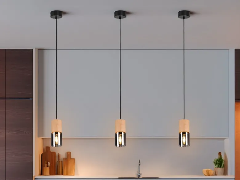 Kleine Pendelleuchte YELLE 1-flammig Lampenschirm Holz & Rauchglas, Ø 10cm
