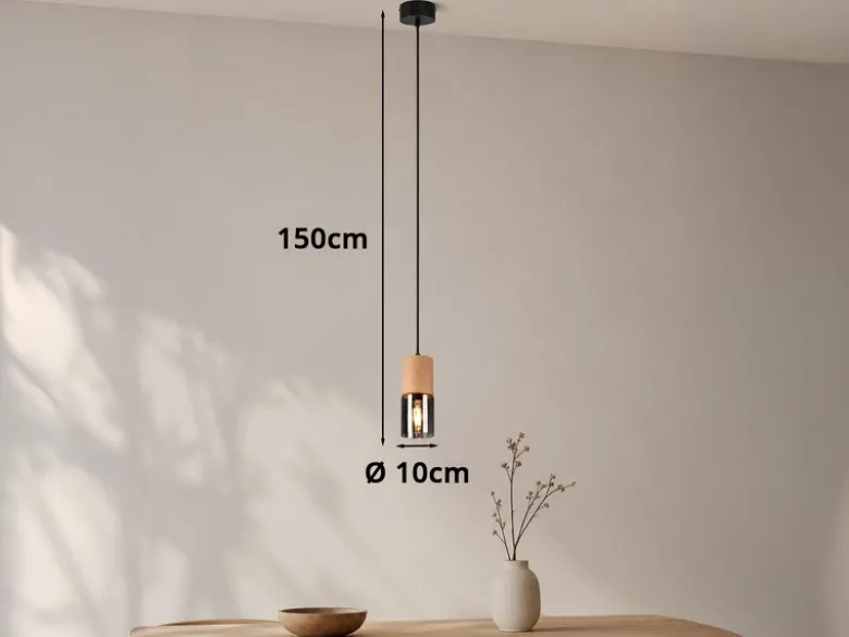 Kleine Pendelleuchte YELLE 1-flammig Lampenschirm Holz & Rauchglas, Ø 10cm