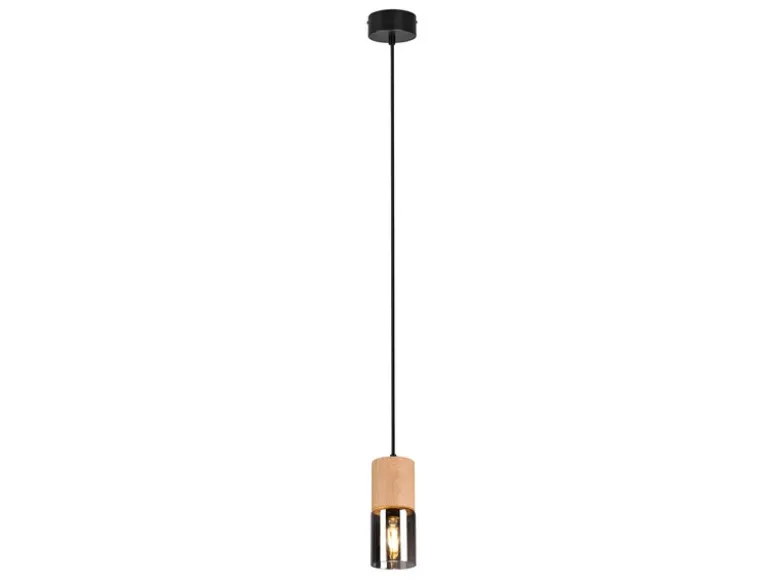 Kleine Pendelleuchte YELLE 1-flammig Lampenschirm Holz & Rauchglas, Ø 10cm