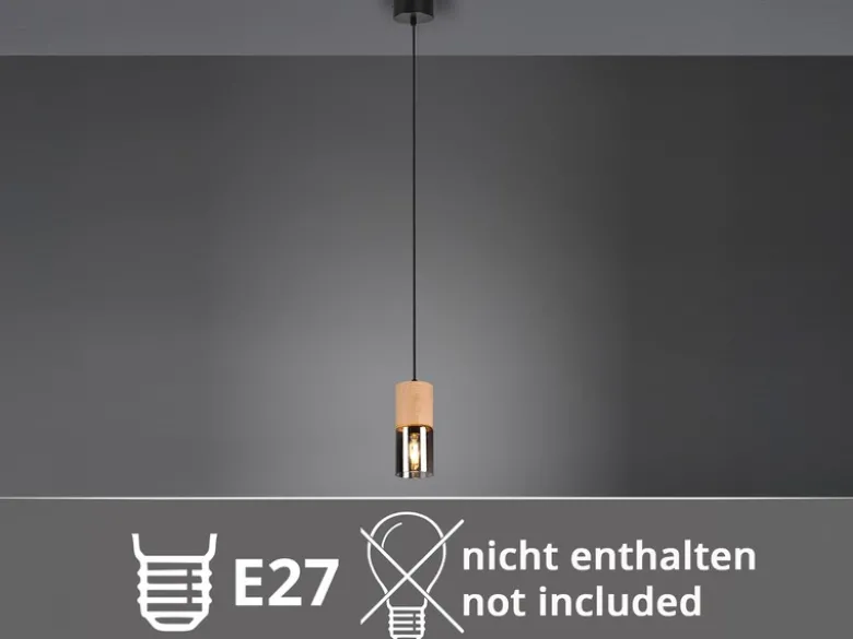 Kleine Pendelleuchte YELLE 1-flammig Lampenschirm Holz & Rauchglas, Ø 10cm
