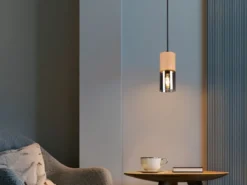 Kleine Pendelleuchte YELLE 1-flammig Lampenschirm Holz & Rauchglas, Ø 10cm