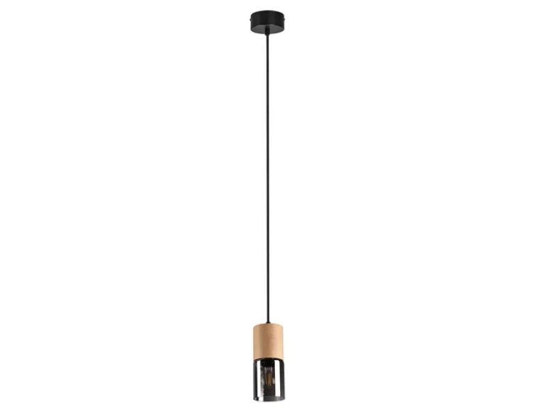 Kleine Pendelleuchte YELLE 1-flammig Lampenschirm Holz & Rauchglas, Ø 10cm