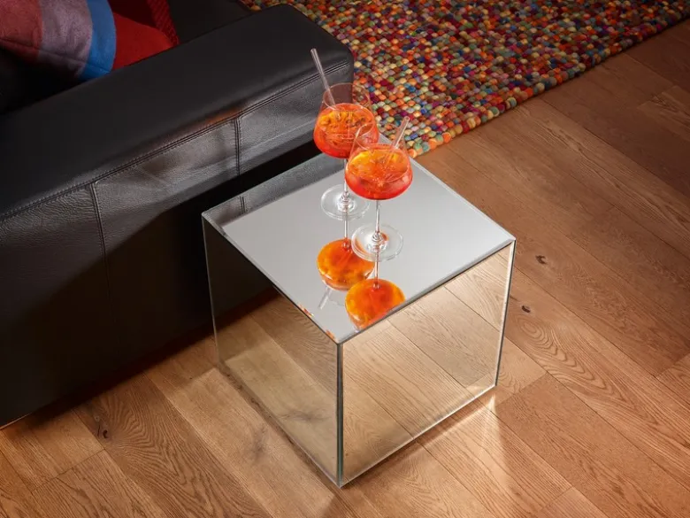 Kleiner Beistelltisch LEANA Würfel mit Spiegelglas, Höhe 45cm