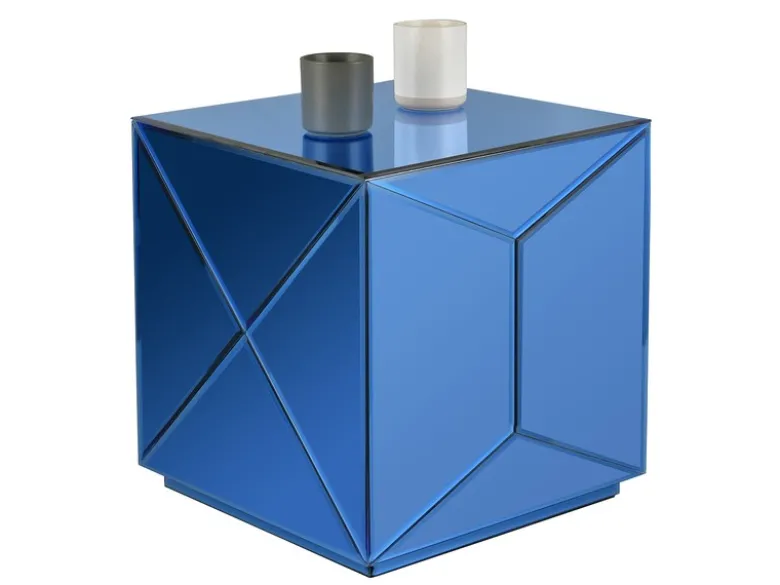Kleiner Würfel Beistelltisch 2er Set mit Spiegelglas Blau, Höhe 40cm