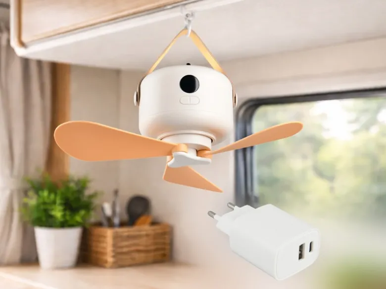 Kleiner Akku Deckenventilator mit Licht und Fernbedienung, USB aufladbar Ø 27cm