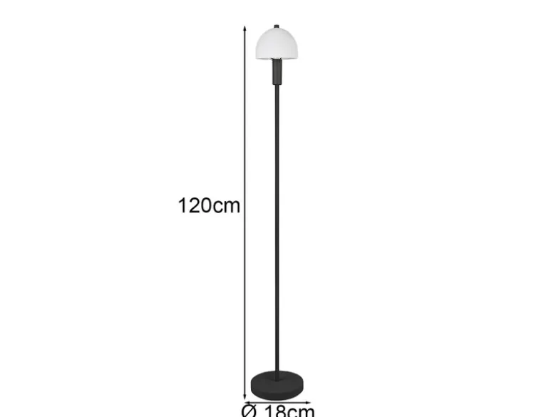 Kleine Stehlampe GLENN Schwarz mit Metallfuß und Lampenschirm Glas, Höhe 120cm
