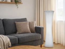 Kleine Stehlampe GRAVIS Lichtsäule rund aus Stoff in Weiß, Höhe 123cm